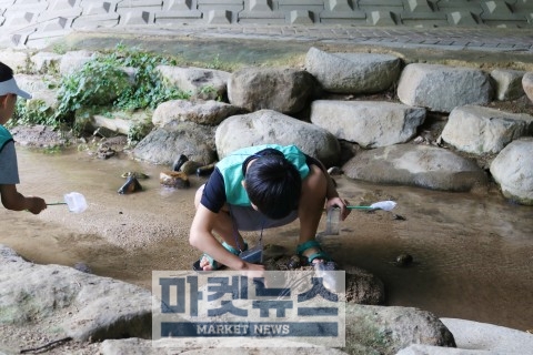 프로그램에 참여한 어린이이가 서울숲을 탐방하며 물 속 생물을 관찰하고 있다.