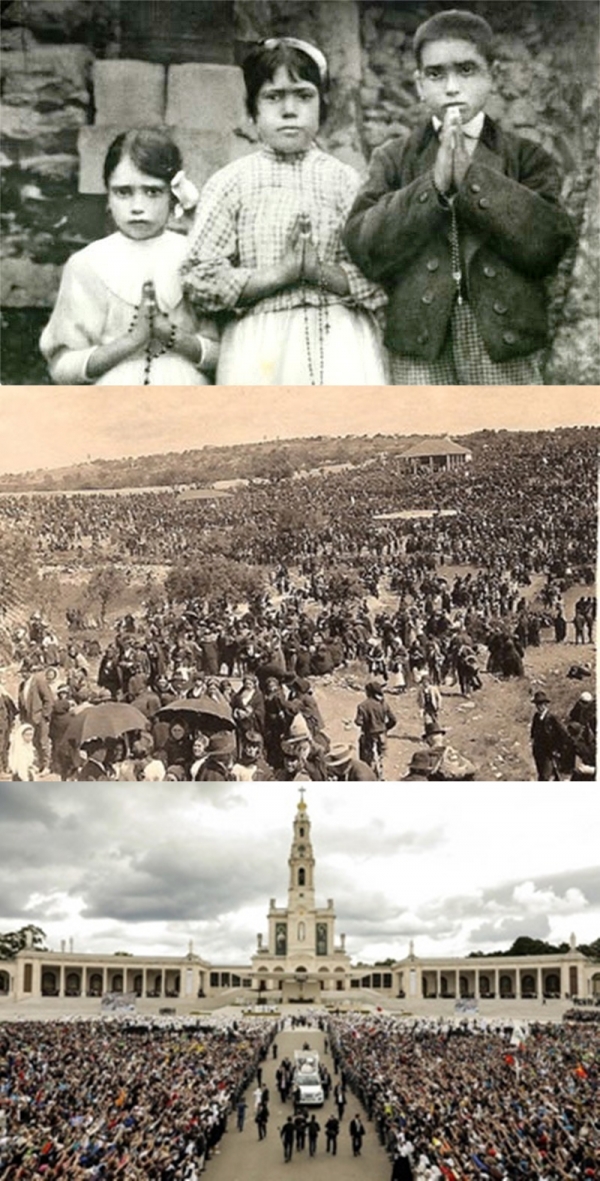 사진=(좌측부터 순서대로) 히야친타, 루치아, 프란치스코 / 성모 발현 현장에 모인 7만 명의 군중 / 파티마 성당 / 구글 이미지 제공