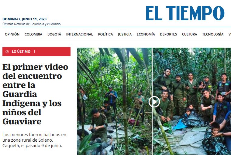 아마존 밀림서 구출된 기적의 4남매 이야기를 다룬 콜롬비아 현지 언론 엘티엠포(El Tiempo). 사진=엘티엠포 캡처